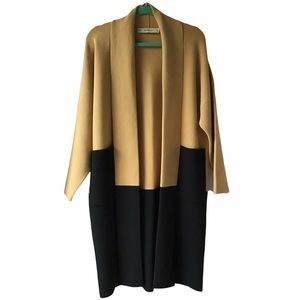 Zara Knit Camel & Black Long Sweater Shawl Collar Deep Pockets Size Small